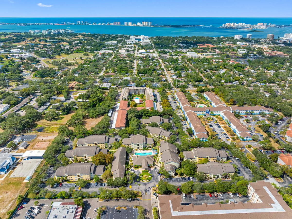 Aerial view over The Avalon toward Clearwater Beach and the Gulf